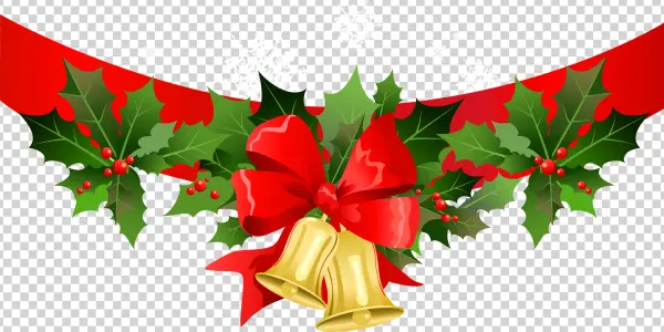 Christmas Holly with Red Bow and Golden Bells PNG Transparent Background