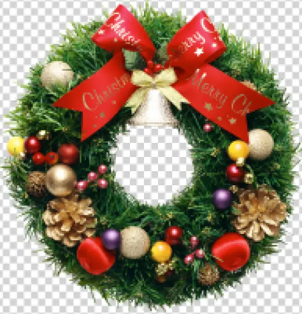 Christmas Wreath with Red Ribbon & Ornaments PNG