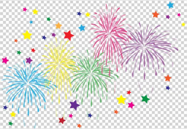 Colorful Fireworks and Stars Celebration PNG Transparent Background