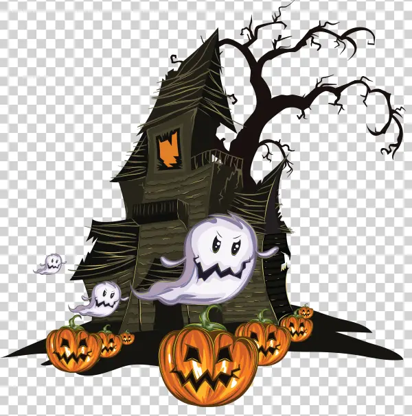 Haunted House Ghosts and Jack-o'-Lanterns PNG