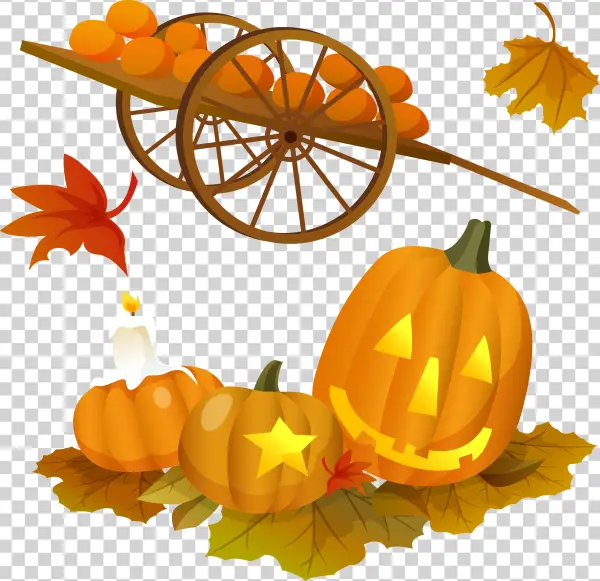 Halloween Pumpkins, Wagon, and Fall Leaves PNG Transparent