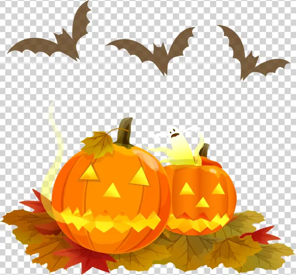 Glowing Halloween Jack-o'-Lanterns with Autumn Leaves PNG