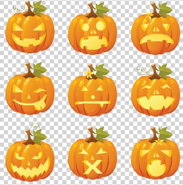 Nine Cartoon Halloween Pumpkins Transparent Background