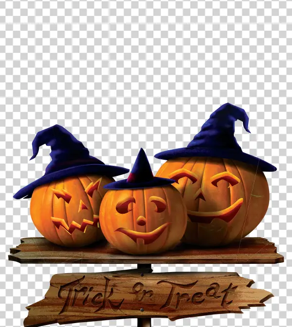 Three Halloween Pumpkins with Witch Hats PNG