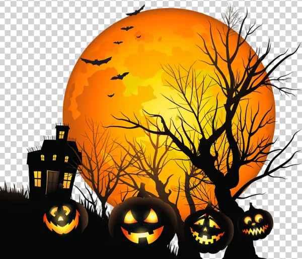 Halloween Night Scene with Moon and Jack-o-Lanterns PNG