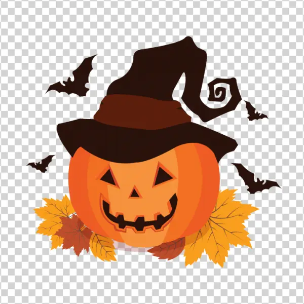 Halloween Pumpkin with Witch Hat and Bats PNG