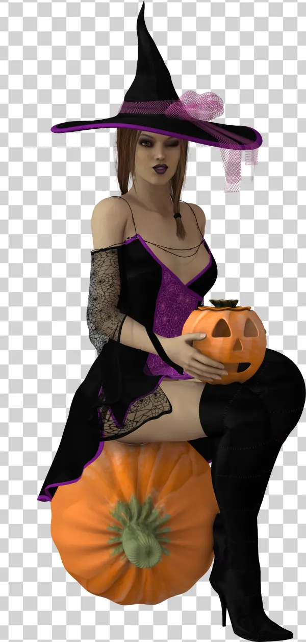 Stylish Witch with Pumpkin and Jack-o'-lantern PNG Transparent