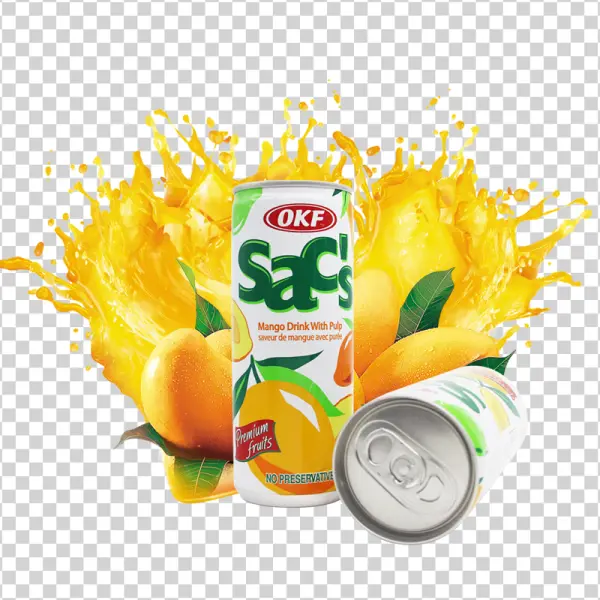 OKF Sac Sac's Mango Drink Cans and Splash PNG