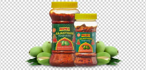 Nilon's Rajasthani Mango Pickle Jars with Fresh Mangoes PNG