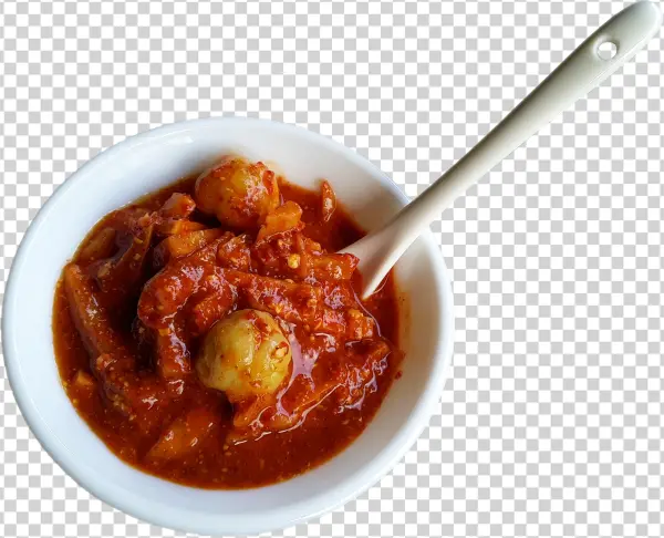 Spicy Red Pickle Bowl with Spoon PNG Transparent