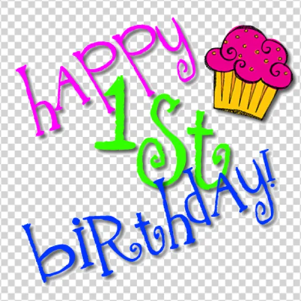 Colorful Happy 1st Birthday Text with Cupcake PNG