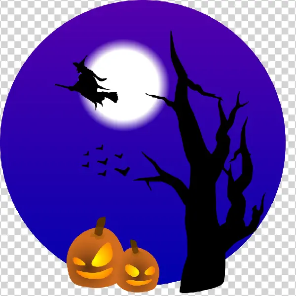Halloween Night Scene with Witch and Pumpkins PNG