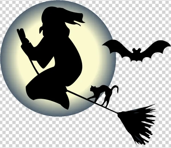 Halloween Witch Flying on Broomstick with Cat PNG