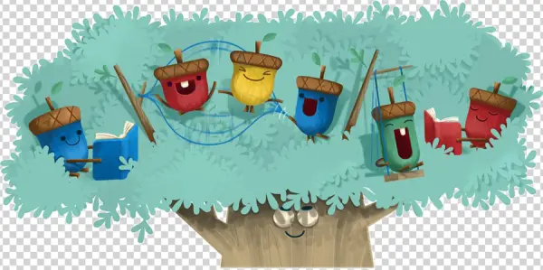 Cute Acorns Playing in a Whimsical Tree Illustration PNG