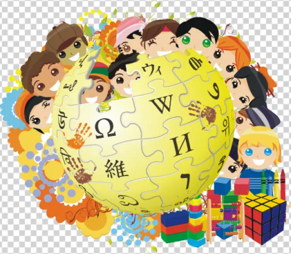 Children Surrounding Wikipedia Globe with Toys PNG Transparent