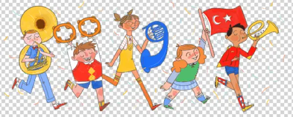 Children's Parade with Musical Instruments and Turkish Flag PNG