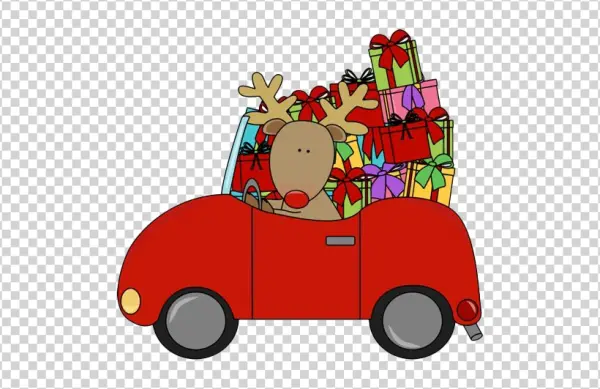 Cute Reindeer Driving Car with Christmas Gifts PNG