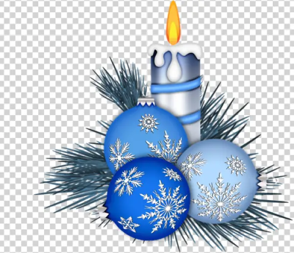 Winter Candle and Blue Snowflake Ornaments PNG