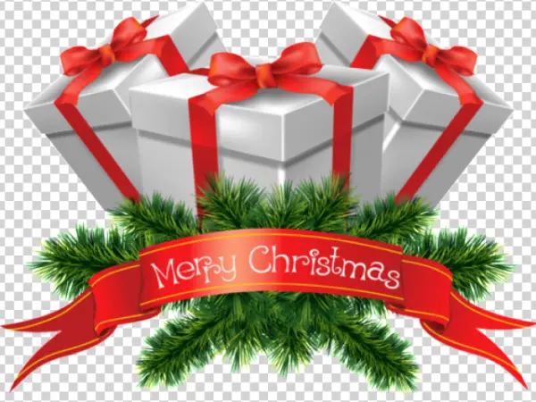 Merry Christmas Gifts and Pine Branches PNG