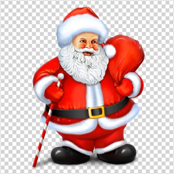 Santa Claus with Candy Cane and Gift Sack PNG Transparent Background