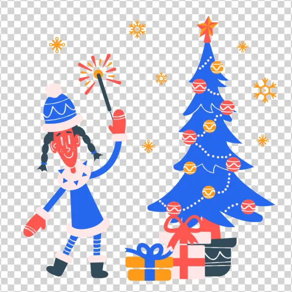 Festive Elf with Sparkler and Christmas Tree PNG