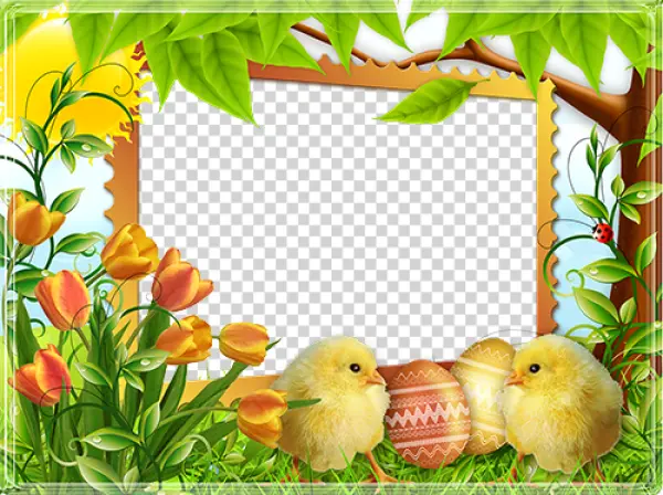 Spring Easter Photo Frame with Chicks and Tulips PNG