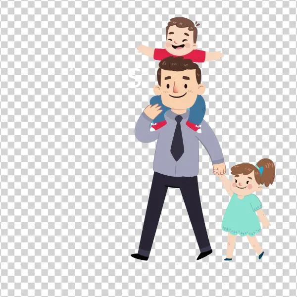 Happy Father and Kids Walking Illustration PNG