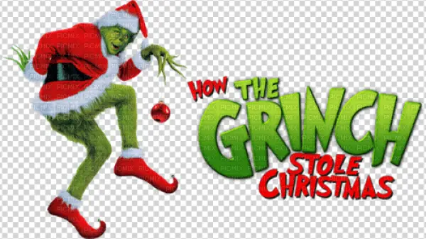 The Grinch with Christmas Ornament and Movie Title PNG