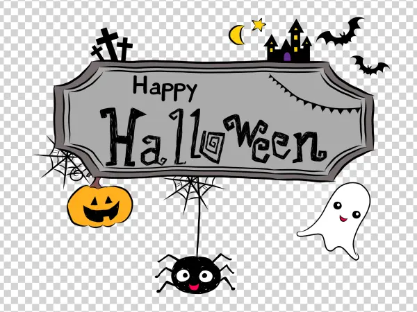 Happy Halloween Sign with Ghost and Pumpkin PNG