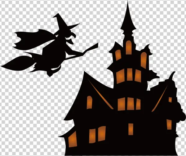 Halloween Witch and Haunted House Silhouette PNG
