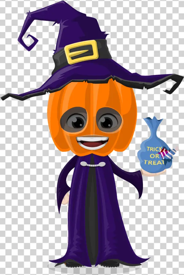 Cute Pumpkin Head Witch Holding Trick or Treat Bag PNG