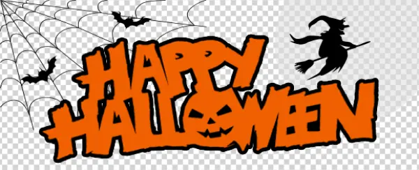 Happy Halloween Text with Witch and Moon PNG