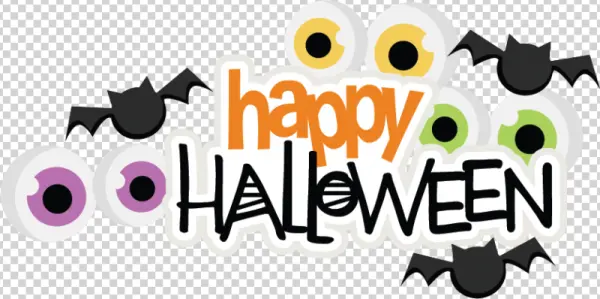 Happy Halloween Text with Bats and Eyeballs PNG