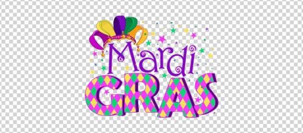 Colorful Mardi Gras Text with Jester Hat PNG