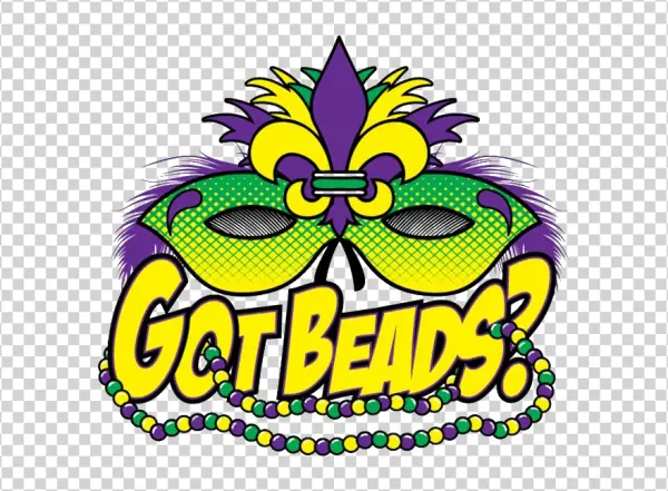 Mardi Gras Mask with "Got Beads?" Text PNG