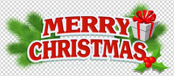 Merry Christmas Text with Holiday Decorations PNG