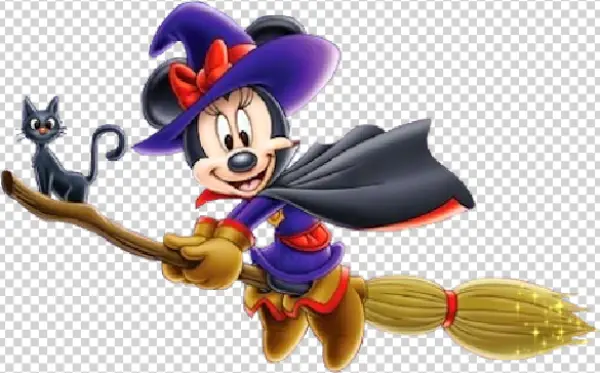 Minnie Mouse Witch Flying Broom with Black Cat PNG