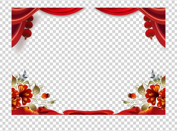 Festive Red Curtain and Floral Frame PNG
