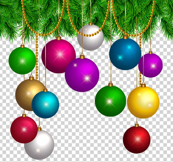 Colorful Christmas Ornaments and Pine Branches PNG