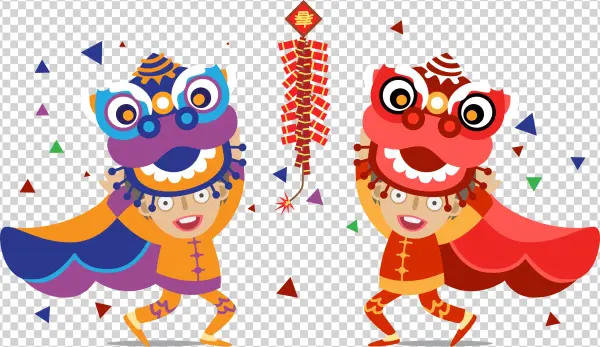 Chinese New Year Lion Dance Kids with Firecrackers PNG