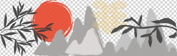 Japanese Brushstroke Landscape with Red Sun PNG