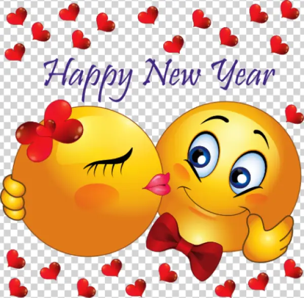 Happy New Year Kissing Emojis with Hearts PNG