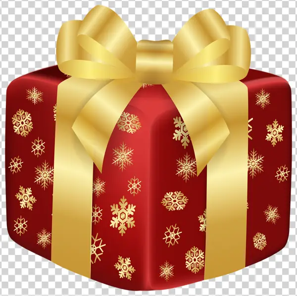 Red Christmas Gift Box with Gold Bow and Snowflakes PNG