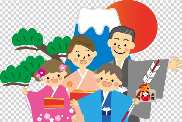 Happy Japanese Family in Kimonos with Mount Fuji PNG