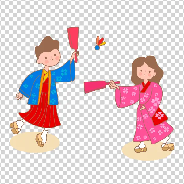 Japanese Children Playing Hanetsuki Game PNG