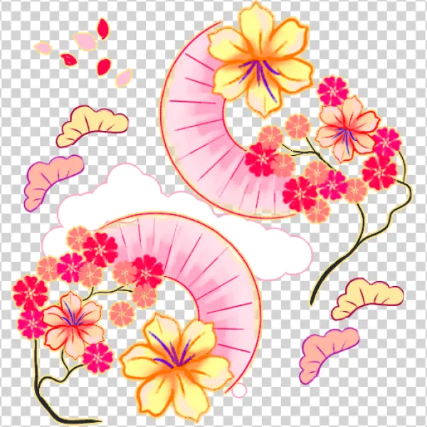Japanese Floral Fan and Blossom Design PNG