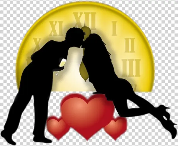 New Year's Eve Kiss with Clock and Hearts PNG