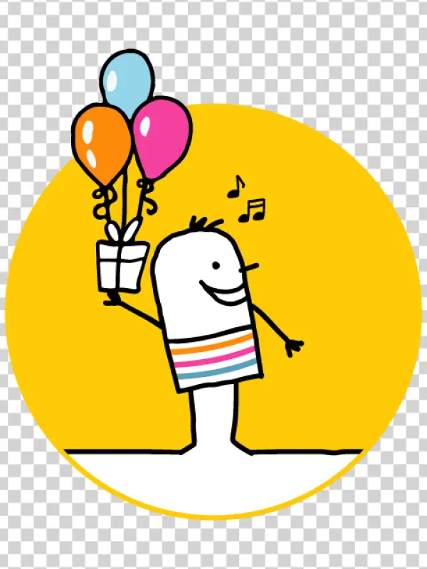 Festive Cartoon Character with Balloons and Gift PNG