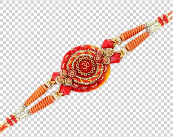 Traditional Red and Gold Rakhi with Om Symbol PNG