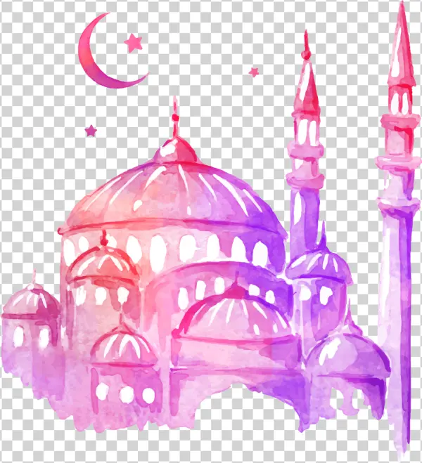 Watercolor Mosque with Crescent Moon PNG